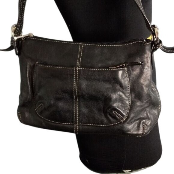 Tignanello Shoulder Hobo Bag Black Leather Chain Print Lining Adjustable Strap - Picture 10 of 13